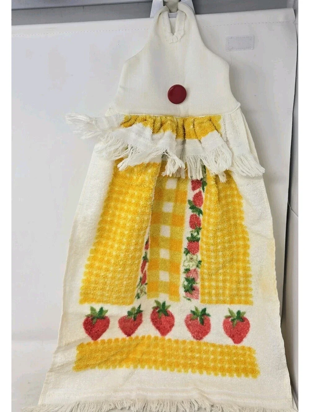 Vintage 1970s Strawberry Hanging Dish Towel Vibrant Bright Colors Red Top 27